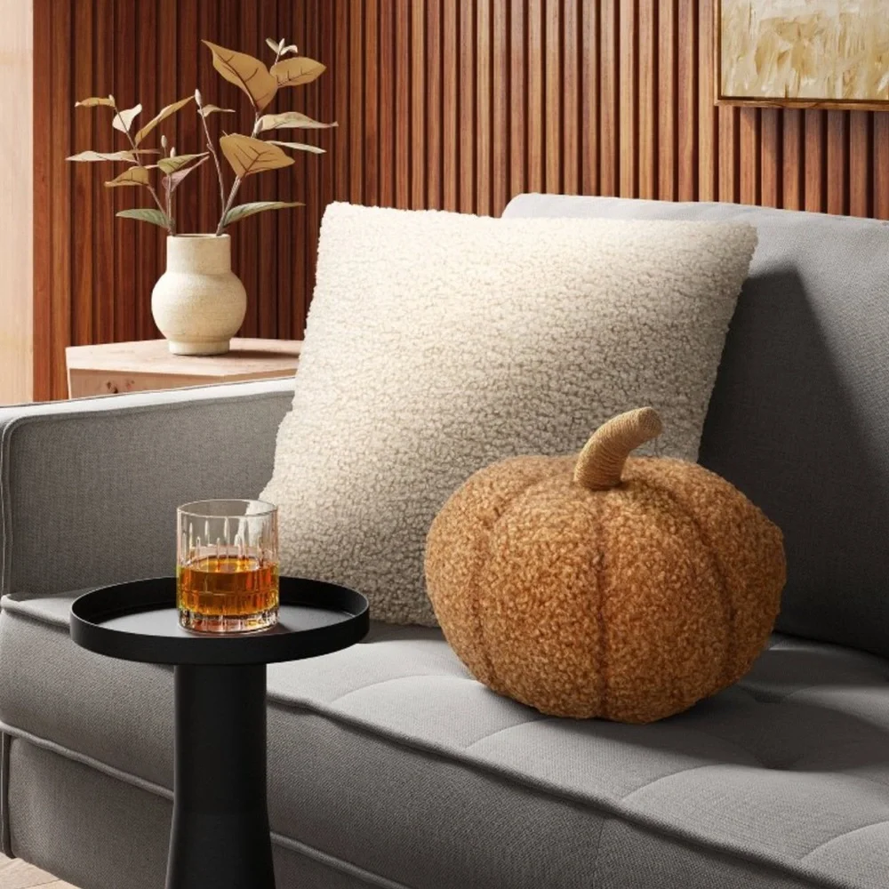 New! Teddy Boucle Pumpkin Shaped Pillow in Tan-Threshold Fall Decor